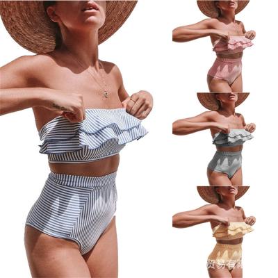 China Women Plus Size Shoulder Strapless Striped Swimwear High Waist Two Piece Bikini Ruffle Swimsuit for sale