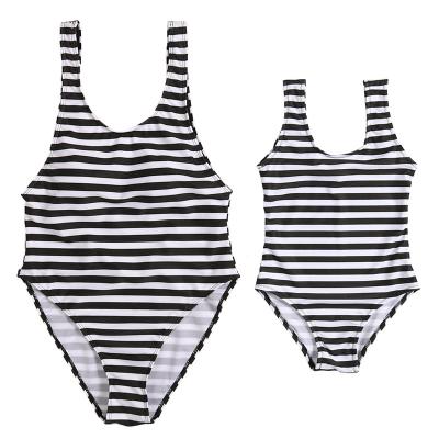 China Breathable Mommy And Me Mother Daughter Swimwear Sporty Monokini Matching Striped Family Beach One Piece Wear for sale