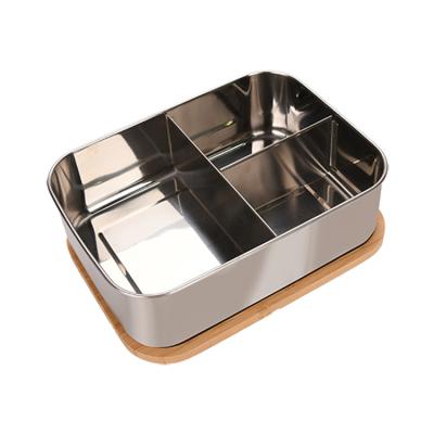 China Aohea Sustainable Food Container 3 Compartment Stainless Steel Metal Kids Asian Bamboo Lid Bowl for sale