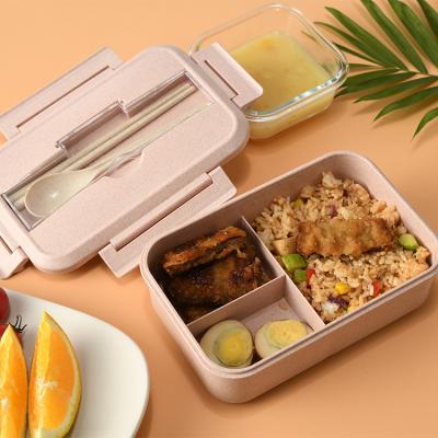 China Eco Friendly Aohea Movable Function Wheat Straw Fiber with Handle Bento Lunch Box 3pcs with Cutlery for sale