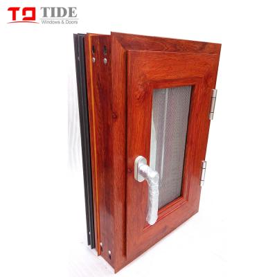 China Swing Aluminum Wood Texture Exterior Opening Casement Window With Fly Screen for sale