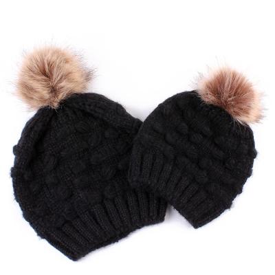 China Warm POM POM Winter Hats Collar Beanies Skully Set of OEM Ball Caps Parent Kids Winter COMMON Hat for Women Kids for sale