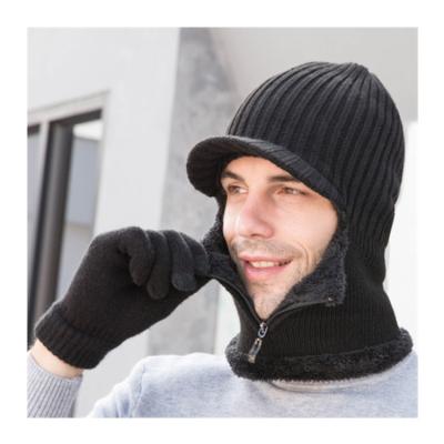 China COMMON Warm Thicken Ski Hat Earflap Hats Neck Gloves Set Winter Wool Hat Set Men Beanie Knitted Cap Scarf Set for sale