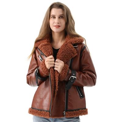 China Women Breathable Orange Faux Fur Coat Winter PU Leather Jacket With Fur Sleeves for sale