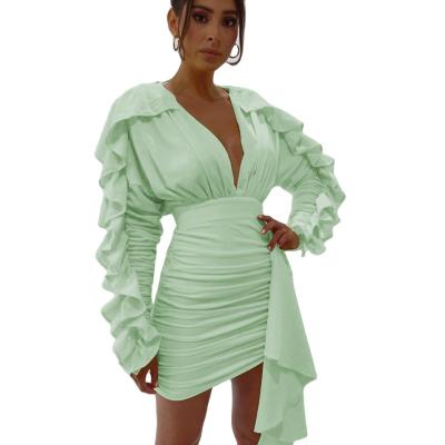 China Hot Sexy Anti-wrinkle Deep V Women Fall Dress Elegant Green Dress Plain Ruched Long Sleeve Bodycon Ruffle Pleated Party Club Wear Dress for sale