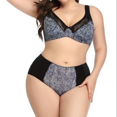 China Black Floral Print Underwire Bra Cup Bra Panties Wide Strap Breathable Large Women's Lace Up Plus Size D Cup Bra And Panty Sets for sale