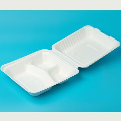 China Disposable Biodegradable Sugarcane 3 Compartment Clamshell Bagasse Box Compostable Food Container for sale