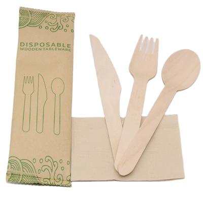 China 2020 New Design Restaurant Western Disposable Pocket Cloth Wooden Cutlery Set Disposable Wooden Cutlery Set for sale