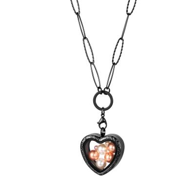 China CLASSIC Black Glass 316L Stainless Steel Heart Memory Floating 8mm PEARL Pendant Pendant Necklace for sale