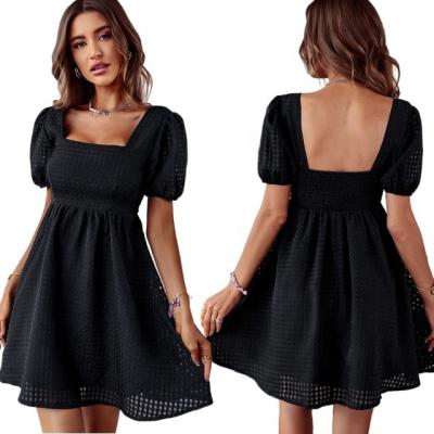 China Women's Short Black Casual Dress Outfits Breathable Korean Casual Bubble Sleeve Puff Chiffon Dresses for sale