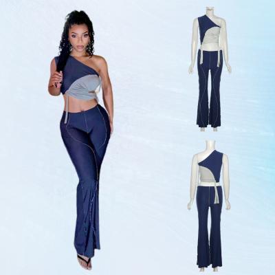 China Anti-pilling Women Club Suit One Shoulder Crop Top Patchwork Sexy Rocket Pants Crop Top Pants Two Piece Set for sale