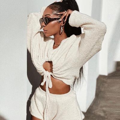 China Solid Streetwear anti-pilling crop top hoodie hollow out sets women's clothing fashion hoodie two-piece sets for sale