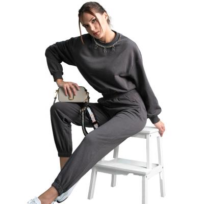 China Breathable Drop Shoulder Sweatsuit Cuff Trimmed Top And Elastic Long Brim Panty Set for sale