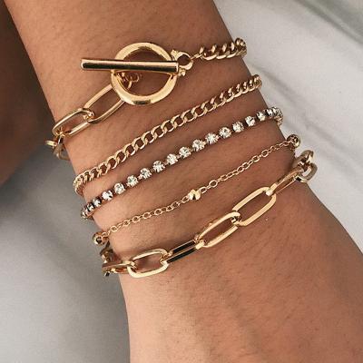 China HOT Jewelry Fashion 5pcs Buckle Metal Stacking Multi Layer Diamond Boho Gold Plated Bracelets & Bangles Set for sale