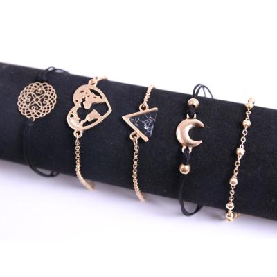 China Hot FASHIONABLE Women 5pcs Set of Boho Street Style Bracelet Gold Layer Triangle Black Turquoise Alloy Moon Bracelets for sale