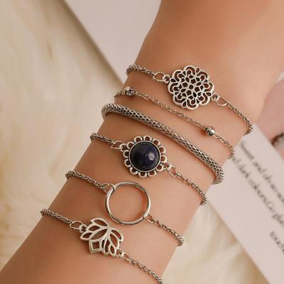 China FASHIONABLE set 6pcs multiple layered stackable bracelets wrap bangle bracelet set hollow cut out adjustable lotus chain bracelet jewelry for sale