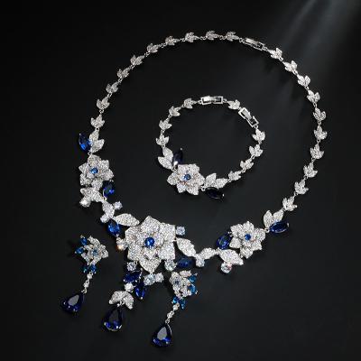 China New Design Crystal Stone Bride Jewelry Set CLASSIC Flower Shaped Indian Colorful Zircon Bracelet Earring And Necklace Jewelry Set for sale