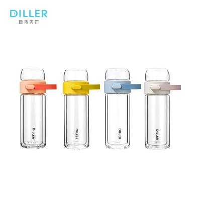 China Stocked Personalized Logo Double Wall Wide Mouth Glass Water Bottle With Tea Infuser for sale