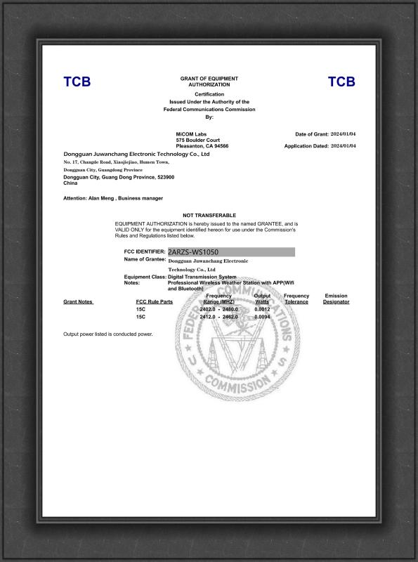 FCC - Dongguan Juwanchang Electronic Technology Co., Ltd.