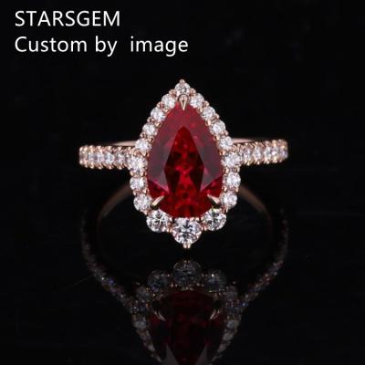 China Romantic Blood Red Pear Sapphire Cut 7*11mm With Lab Diamond Melee Stone Wedding Ring For Women for sale