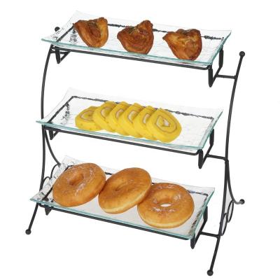 China Sustainable 3 Tier Cake Plate Display Glass Tray With Metal Stand for sale