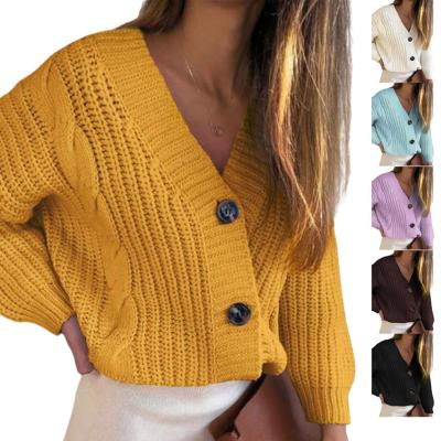 China Anti-wrinkle Cotton Blends Women's Loose Long Sleeve V-neck Autumn And Winter Hemp Button Cardigan Sweater Large for sale