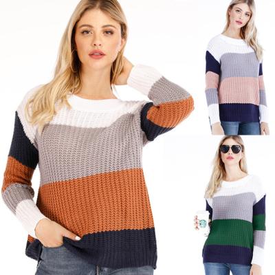 China Anti-wrinkle cotton blends women long sleeve v-neck neck color blocking knitwear plus size striped pullover women's rainbow for sale