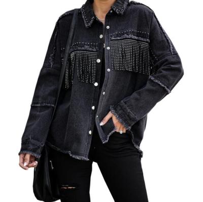 China Autumn And Winter Long Sleeve Tassel Denim Jacket Women Black Europe And America QUICK DRY Denim Jacket Women for sale