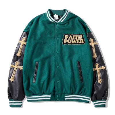 China Popular Logo Waterproof Hip Hop Patching Embroidery Baseball Coat For Men Street PU Patchwork Couples Loose Leather Jacket for sale