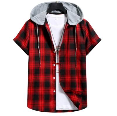 China European size casual short-sleeved anti-pilling new men's plaid shirt with a hoodie shirt for sale