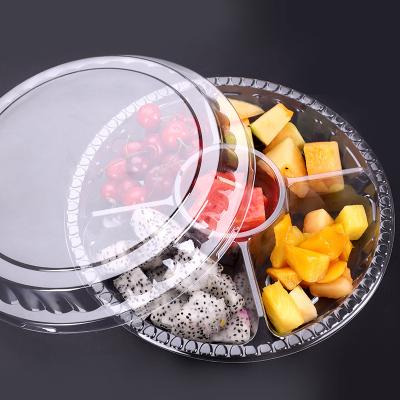 China Recycled Materials Fruit Tray Pet Supermarket Plastic Packaging Disposable Box With Lid Black Fruit Box Bottom Round Split Fruit Cup Box for sale