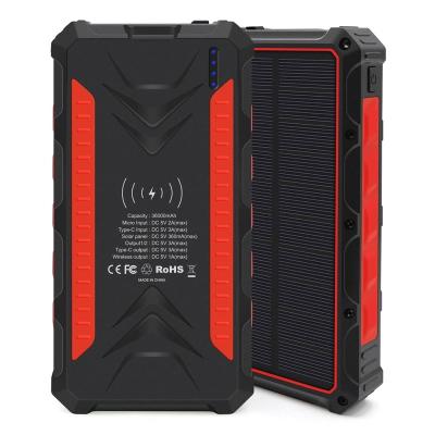 China Charging 36000mAh Shockproof Outdoor Waterproof Solar Power Bank Qi Wireless Charger Power Bank with LED Light for sale