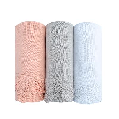 China CLASSIC Disposable 100% COTTON KNITTED CROCHET EDGE BABY BLANKET NEWBORN BLANKET for sale