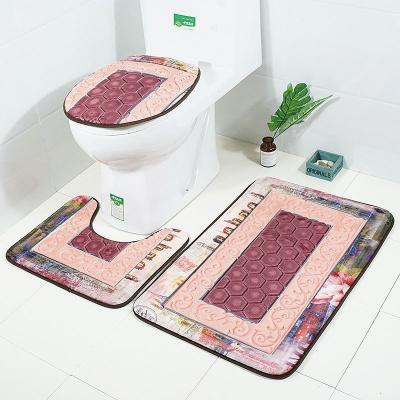 China 3D Washable Border Mat Embossed Toilet Cushion Cover Three-piece Bathroom Rug Set Non-Slip Bath Mat Rug for sale