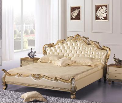 China Latest Eco-friendly European Style Bed Room Furniture Luxury Wooden Genuine Leather Bed Design for sale