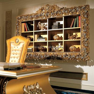 China OE-FASHION Wooden Gold Color Solid Luxury Wood Carving Bookcase For Home Office Furniture for sale