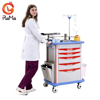 China Hot Sales Modern Multifunctional ABS Plastic Hospital Anesthesia Trolley RM054-ET Medicine Drug Emergency Cart for sale