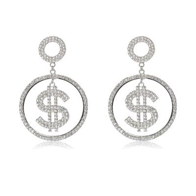 China Environmental Friendly Punk Exaggerated Rhinestone Full Dollar Sign Hanging Dangle Earrings Long Crystal Dollar Earrings Shiny for sale