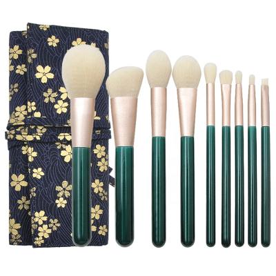 China Angular Blush High Quality Dark Logo Green White 9PCS Fiber Makeup Set Brush Beauty Tool New Custom Made Synthetic Fiber Wood Handle for sale