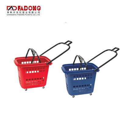 China Eco - Friendly Plastic Shopping Basket With Four Wheels Supermarket Basket Trolley for sale