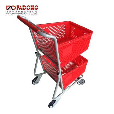 China Eco - Friendly Double Layers Basket Shopping Cart Wheeled Grocery Cart Shopping Trolley for sale