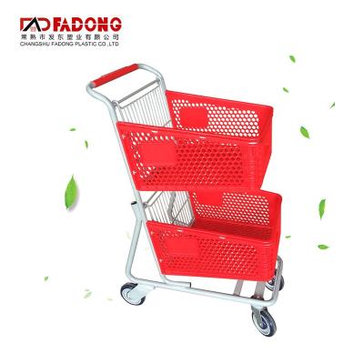 China Eco-friendly 2 Layers Trolley Cart Double Layer Stand Basket Shopping Cart for sale