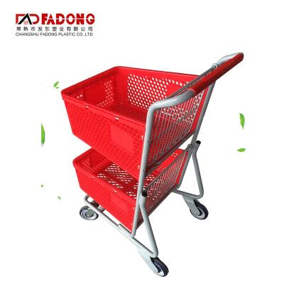 China Eco - Friendly Double Layers Basket Stand Market Metal Wire Hand Shopping Trolley for sale