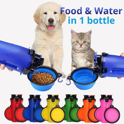 China Portable Viable 2 in 1 Pet Folding Water Bottle Food Container with Silicone Folding Outdoor Dog Cat Feeder Cup Bowl Travel Pet Bowl for sale