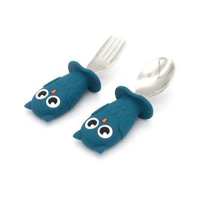 China Portable Silicone American Baby Cartoon Style Tableware Owl Serving Soup Spoons and Fork Gift Baby Fork and Spoon Spoon Set for sale