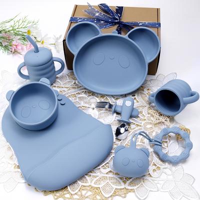 China 2022 American Style Amazon Suction Hot Non-slip Separate Children Dining Silicone Baby Bowl Dish Cup Bib Spoon Weaning Baby Supplie Feeding Set for sale