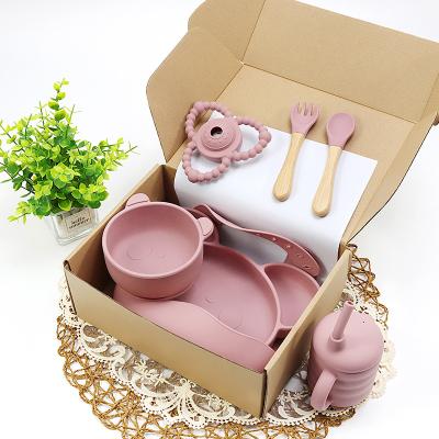 China 2022 Amazon Hot Factory Direct Reusable Non-slip Children Dining Silicone Bowl Suction Cup Dish Bib Weaning Silicone Baby Feeding Set for sale