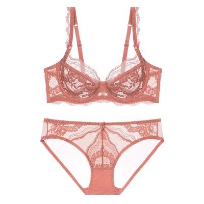 China New antibacterial high-end women's Europe and the United States sexy ultra-thin lace stain steel ring summer bra transparent bra set big for sale