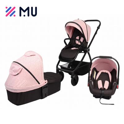 China 300D Oxford printed fabric optional mummy bag and foot cover 3 in 1 wheel link brake baby stroller for sale