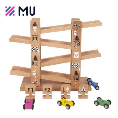 China Preschool Eductional Toys Montessori Wooden Educational Race Track Car Ladder Gliding Toy for Preschool Kids for sale